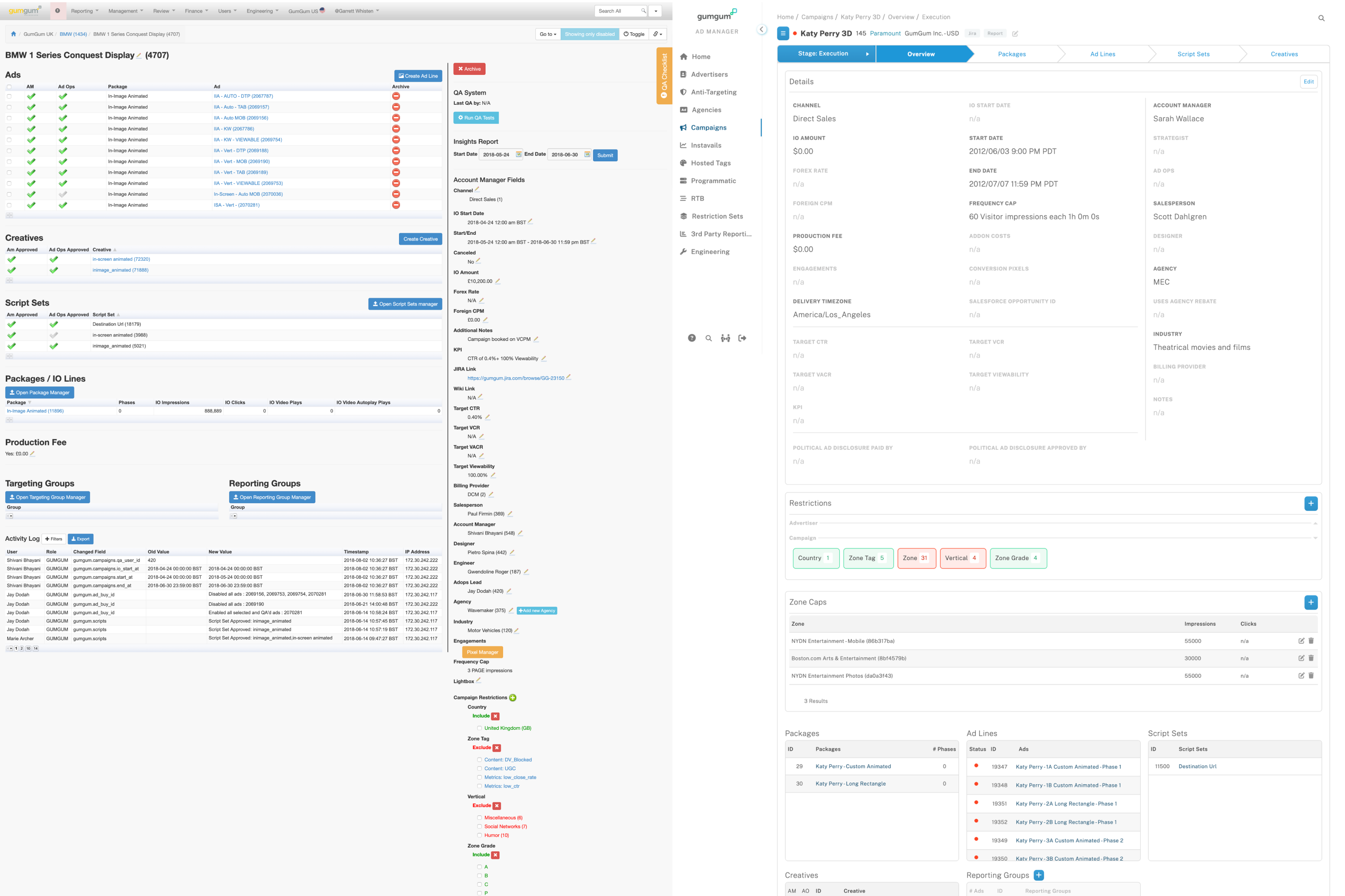 Side-by-side comparison of a campaign detail page before and after the rebuild, going from a dense wall of fields to a structured, tabbed layout